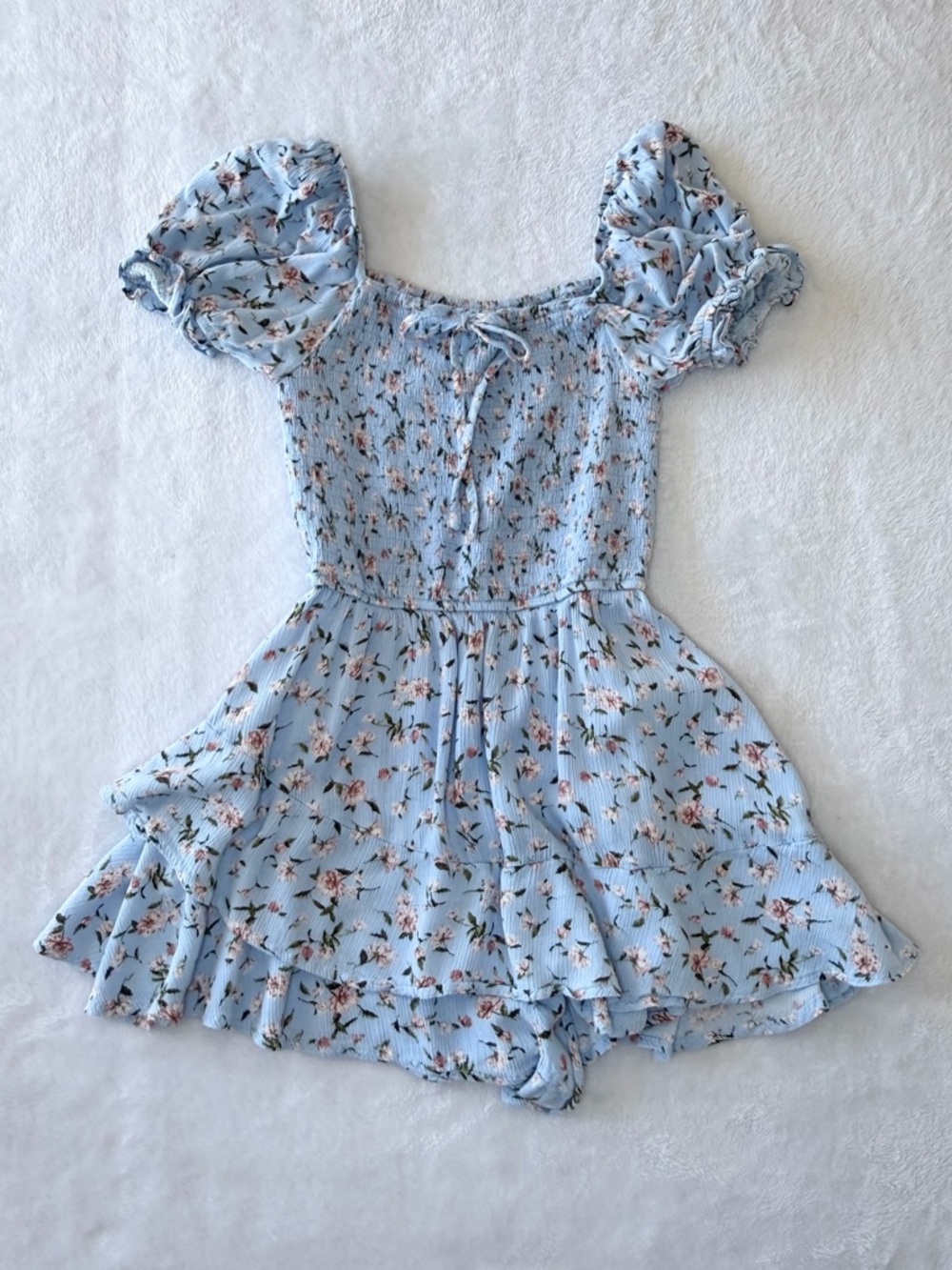 Girls Medium altar’d state Blue Floral Romper Puff Sleeve Smocked Boho